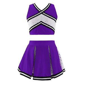 Uniforme de cheerleading pour filles, haute qualité, personnalisé, violet, avec sequins, ensemble deux pièces (haut court et jupe plissée) pour équipes scolaires d'enfants - Product Image 3