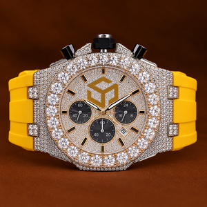 Reloj de Cuarzo Analógico Cronógrafo de Lujo para Hombre con Diamantes y Correa de Goma Amarilla - Product Image 6