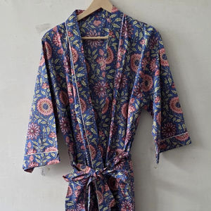 Exquisite Flock Print Indigo Cotton Summer Casual Knitted Robe Ankle <b>Length</b> <b>Dressing</b> <b>Gown</b> 100% Premium Soft Cotton Kimono - Product Image 1