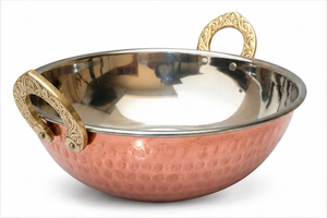 Bol de service Kadai en acier inoxydable avec finition cuivre martelé et poignées décoratives en laiton - Product Image 2