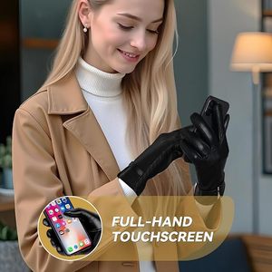 Gants en cuir pour femmes, hiver, en laine de mouton, chauds pour temps froid, compatibles écran tactile, collection femme - Product Image 3
