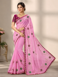 Sari en Georgette Rose Brodé à Motifs Floraux pour Femme, Tenue de Mariage Traditionnelle Indienne et Pakistanaise, Longueur Ras du Sol, Séchage Rapide - Product Image 1
