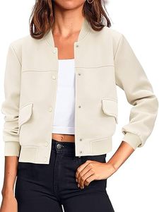 Chaqueta Bomber Crema para Mujer, Manga Larga, Cuello Alto, Cierre de Botones, Bolsillos con Parches, Ropa Exterior Informal, Color Sólido, Tejido de Poliéster - Product Image 1