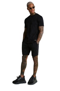 Ensemble T-shirt et short en coton noir pour homme, col rond, manches courtes, couleur unie, respirant, coupe classique, pour toutes les saisons, vêtements de loisirs - Product Image 3