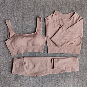 Light <b>Blue</b> 3 Piece Yoga Set Racerback Sports <b>Bra</b> Crew Neck Crop Top High Waist Shorts Ribbed Seamless Activewear - Product Image 4