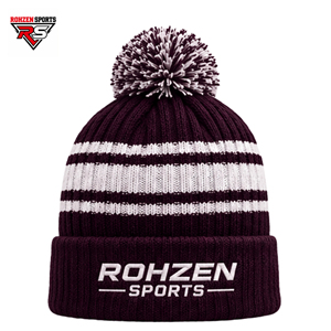 Bonnet d'hiver unisexe 100 % acrylique, bonnet d'hiver rayé marron et blanc avec revers tricoté et pompon, casquette décontractée et chaude pour adulte - Product Image 1