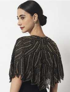 Adult Black Gold Beaded <b>Cape</b> with Leaf Pattern Fringe Decor <b>Wedding</b> Wrap Polyester Embroidery Chandni Export House ODM Supply - Product Image 3