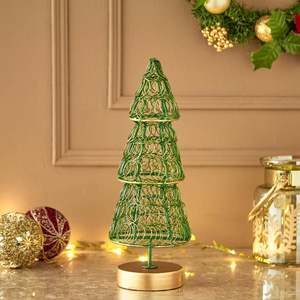 Green and Gold Wire Christmas <b>Tree</b> Figurine with Brass Base Tiered Metal <b>Tabletop</b> Sculpture Modern Holiday Home Decor - Product Image 1