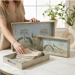 Handcrafted Decorative Wooden Serving <b>Tray</b> Set with Peacock Design Nesting <b>Storage</b> <b>Trays</b> Blue Vintage Printed Home Decor - Product Image 2