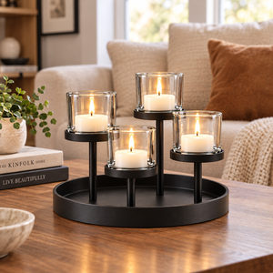 Modern Black Metal Round <b>Candle</b> <b>Stand</b> With Glass Holders For Home Decoration - Product Image 2