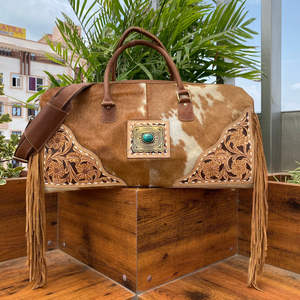 Nouveau luxe usiné véritable cuir de vachette Turquoise pierre 2 pièces Combo Set Small & Big Fringe Duffle Weekender Bag pour unisexe - Product Image 6