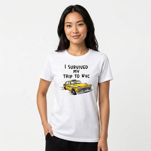 T-shirt à manches courtes pour hommes, col rond, coupe régulière, en jersey de coton, motif dessin animé Taxi, I Survived My Trip To NYC - Product Image 3