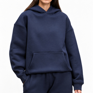 <b>Women's</b> Solid Navy <b>Blue</b> <b>Hoodie</b> Pullover Sweatshirt Drop Shoulder Long Sleeve Casual Top - Product Image 1