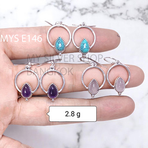 Boucles d'oreilles fines en argent sterling 925 avec améthyste naturelle cabochon MYS-E146, prêtes à être expédiées, en stock, faible MOQ, bijoux indiens pour femmes - Product Image 1