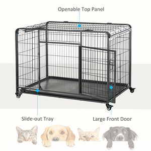 Gabbia per cani in metallo resistente da 49 pollici, per razze di taglia grande, grigio scuro, pieghevole, con vassoio, ruote bloccabili, motivo animale, per allevamento di polli e animali domestici - Product Image 6