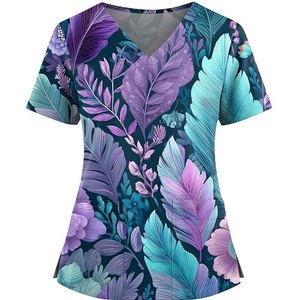 Women's Printed Floral <b>Scrub</b> <b>Top</b> Short Sleeve V-Neck Polyester Woven Hospital Uniform Blouse - Product Image 1