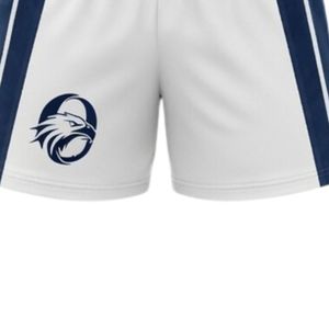 Shorts de netball unisexe blanc et bleu marine sublimés en polyester léger, uniforme de sport, vêtements d'entraînement athlétiques avec empiècements latéraux - Product Image 5