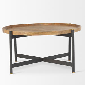 Table basse de salon en bois de manguier massif, ronde, pliable, fabriquée à la main en fer et en bois, avec finition naturelle et noire - Product Image 4