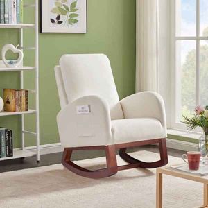 High Back Beige Flannelette Wood Indoor Rocking Chair with Brown Legs Living Room Chair with Side Bag - Product Image 1