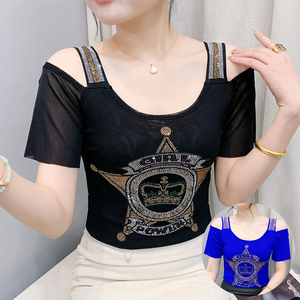 Camiseta de manga corta con lentejuelas y pedrería para mujer, top sexy para discoteca, negro, azul, de verano, tejido transpirable, cuello redondo - Product Image 1