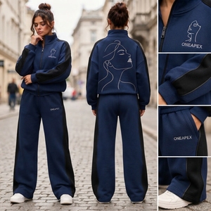 Conjunto Deportivo para Mujer, Sudadera con Capucha y Cremallera Azul Marino y Negro, Estampado Minimalista, Pantalones Jogger Oversize con Bloques de Color - Product Image 3