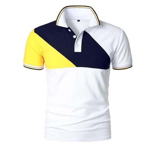 Polo à manches courtes pour homme, tissu tricoté décontracté, color-block blanc, marine, jaune - Product Image 1