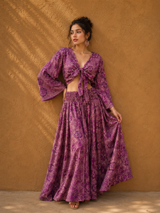 Amethyst Boho Two-Piece Silk Woven Skirt Set for Women-<b>Elastic</b> Waist Paisley Print Maxi Skirt Lantern Sleeve Tie Neck Crop Top - Product Image 1