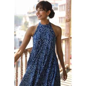 Vestido Midi Azul Estampado con Cuello Halter para Mujer, Vestido Casual de Verano sin Mangas de Algodón - Product Image 2