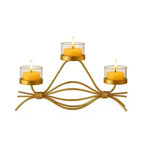 Golden Triple <b>T</b>-<b>Light</b> <b>Candle</b> Holder Elegant Metal <b>Candle</b> Stand for Home Festive Decoration Table Centerpiece Gifting - Product Image 1