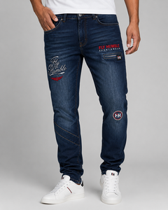 Fly Humble Men's Regular Fit Denim <b>Jeans</b> Dark Wash <b>Embroidered</b> Logo Patch Formal Style Spring Cotton Straight Leg Breathable - Product Image 1