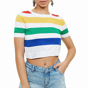 Women's <b>Rainbow</b> Stripe Cropped Knitted T-Shirt Short Sleeve Crew Neck Casual Spring Summer <b>Top</b> - Product Image 5