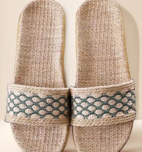 Fair Trade Linen House Slippers, Unisex Summer Linen <b>Sandals</b>, Floral Knit Pattern <b>Sandals</b>, Fair Trade Bathroom Slippers - Product Image 1
