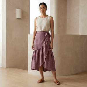 Women Light Maroon Yarn-Dyed Cotton Ruffle Midi <b>Wrap</b> <b>Skirt</b> For Women Featuring Lightweight Fabric Modern Style Comfortable Fit - Product Image 1