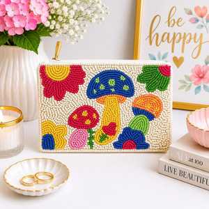 Monedero Rectangular con Cremallera, Bordado a Mano, de Algodón con Cuentas, Diseño de Flor de Hongo, para Fiesta, Regalo Artesanal - Product Image 1