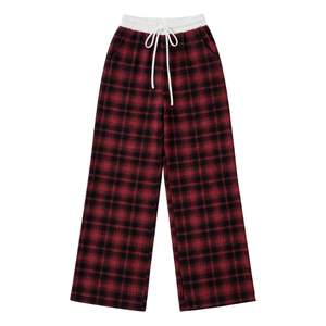 <b>Womens</b> Red <b>Black</b> Plaid Flannel Loose Wide Leg Lounge <b>Pants</b> White Elastic Waistband Drawstring Side Pockets Casual Sleepwear - Product Image 4