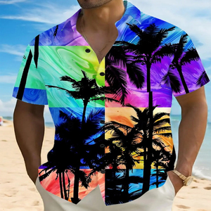 เสื้อเชิ้ตฮาวายชาย แขนสั้น ลายต้นปาล์มสีนีออน ผ้าป๊อปลินระบายอากาศดี เสื้อเชิ้ตสำหรับวันหยุดฤดูร้อน ปกคอพับได้ - Product Image 5