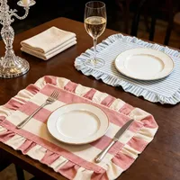 Ensemble de sets de table en coton et lin à volants, rayures françaises, style campagnard, épais, lavables, pour la décoration de table de mariage