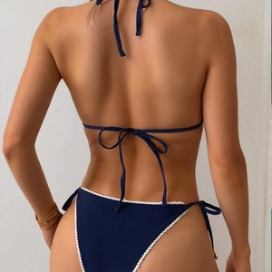 Conjunto de bikini con volantes sin tirantes para mujer, top acolchado push-up de dos piezas, parte inferior con lazo ajustable, traje de baño de verano para playa - Product Image 3