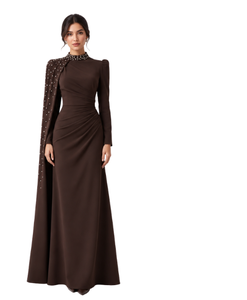 Elegante Vestido Tubo Marrón Oscuro de Cuello Alto con Manga Larga y Lentejuelas, Vestido de Noche Transpirable para Mujer, Ropa Formal de Invierno - Product Image 1