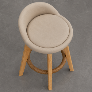 Modern Beige Upholstered Bar <b>Stool</b> with Curved Backrest Wooden Legs and Rope Footrest for Kitchen Cafe and Home Seating - Product Image 6