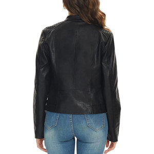 Chaqueta de Motociclista de Cuero PU Negra para Mujer, Manga Larga, Cierre de Cremallera, Cuello Alto, Estilo Otoñal - Product Image 5