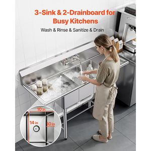 Lavello Commerciale a 3 Vasche per Preparazione Cucina, Acciaio Inossidabile 304 Calibro 18, Vasche 25x35x25 cm - Product Image 3