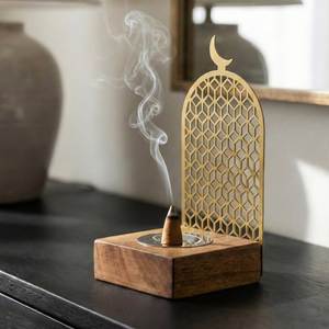 Mabkhara Incense <b>Burner</b> Wooden <b>Burner</b> With Geometric Metal Backplate Hand-Made Sandalwood Base Religious Use All-Season Holder - Product Image 1
