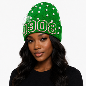 Alfa |   Kapa |   Gorro de Punto con Adornos de Perlas Verdes para Mujer, de la Hermandad Alpha, con Letras Griegas Bordadas en Chenilla, Gorro Casual de Invierno - Product Image 5