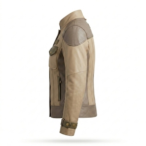 Colorblock Womens <b>Real</b> Sheepskin <b>Leather</b> <b>Jacket</b> Cargo Pocket Vintage Utility Safari Moto Rider Coat Beige Tan Brown - Product Image 4