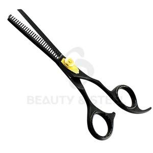 Ciseaux de coiffure professionnels noirs mats avec lames droites affûtées et vis de tension dorée élégante - Product Image 2