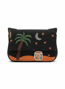 Sac à main rectangulaire brodé en toile noire, motif palmier, lune et étoiles, artisanat textile fait main en fil de coton - Product Image 4