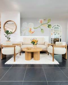 Juego de Muebles de Salón de Madera de Teca Estilo Escandinavo con Sofá de Tela y Sillas de Descanso para Hostelería e Interiores del Hogar - Product Image 1