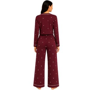 Ensemble pyjama femme bordeaux à manches longues, cardigan court et pantalon large imprimé cœurs, doux, respirant, pour la détente et le sommeil, personnalisable - Product Image 2