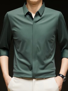 เสื้อเชิ้ตทรงเข้ารูปสำหรับผู้ชาย - ปกเงา แขนยาว ติดกระดุม ยืดหยุ่นได้ เหมาะสำหรับใส่ไปยิม ใส่ทำงาน และใส่ลำลองแบบสมาร์ทแคชวล - Product Image 5